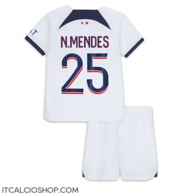Paris Saint-Germain Nuno Mendes #25 Seconda Maglia Bambino 2023-24 Manica Corta (+ Pantaloni corti)